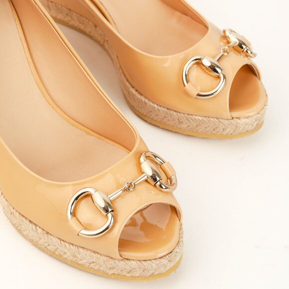 Gucci Silver Bit Peep-Toe Nude Patent Leather Wedge Espadrille - Picture 6 of 11